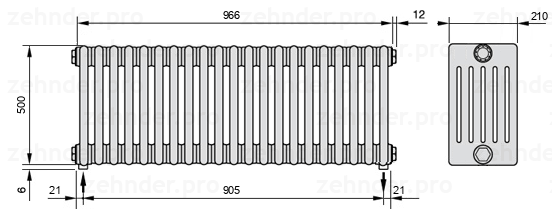 Схема (чертеж) Радиатор Zehnder Charleston 6050/21 №3570 Белый глянцевый RAL 9016
